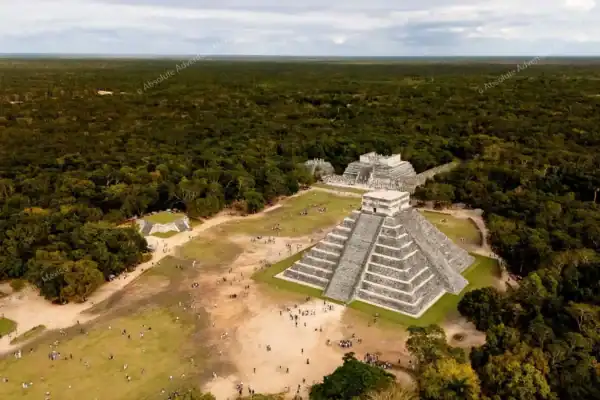 Main pyramid drone  shot on private tour to Chichen Itza from Cancun
