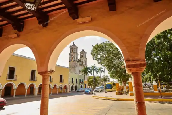 Colorful colonial building in Valladolid main  square during private tour to Chichen Itza