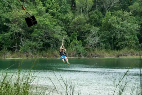 Zipline over lagoon  at Punta Laguna monkey reserve