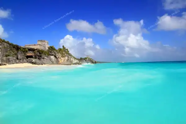Caribbean Sea view  of Tulum ruins cliff on Tulum snorkeling tour
