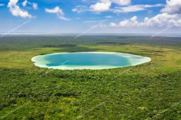 Drone view of the Kaan Luum lagoon in Tulum Mexico