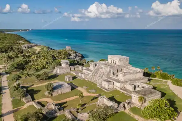 Tulum ruins from  sky with turquoise ocean