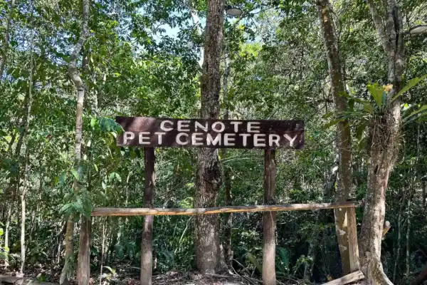 Wooden sign for  Cenote Pet Cemetery entrance