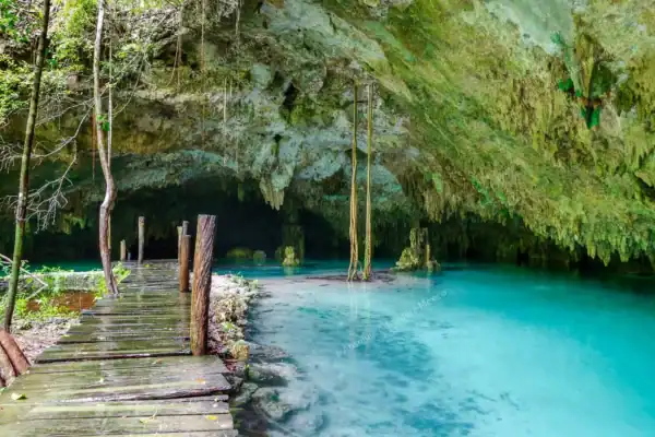 Wooden path along  the river at Cenote Sac Actun