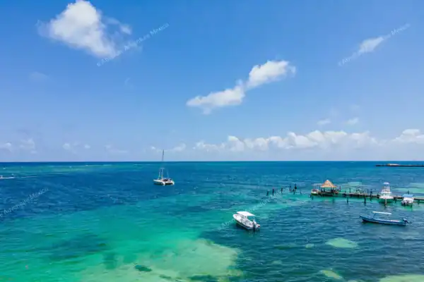 Aerial view of  Puerto Morelos pier and boats