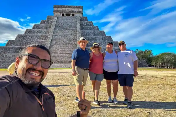 Guide selfie with  group of four on Chichen Itza private tour