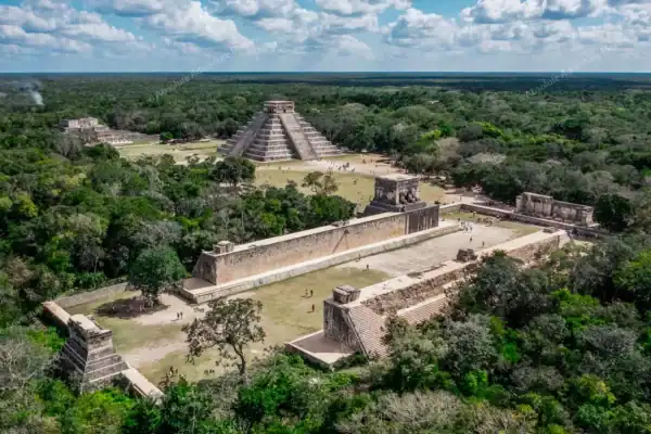 Aerial view of  Chichen Itza with ball court and pyramid