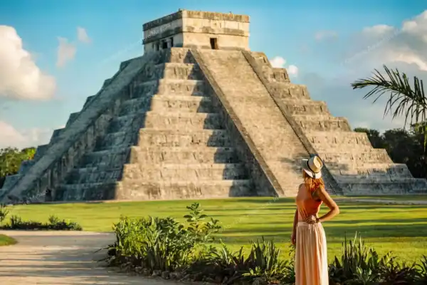 Lady posing in  front of Kukulkan pyramid on Chichen Itza private tour