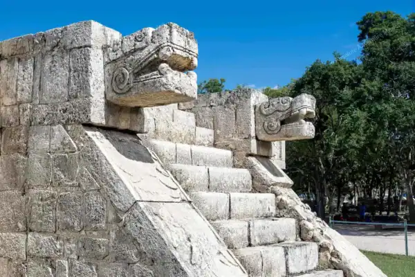 Close-up of serpent  carvings at Jaguar Platform