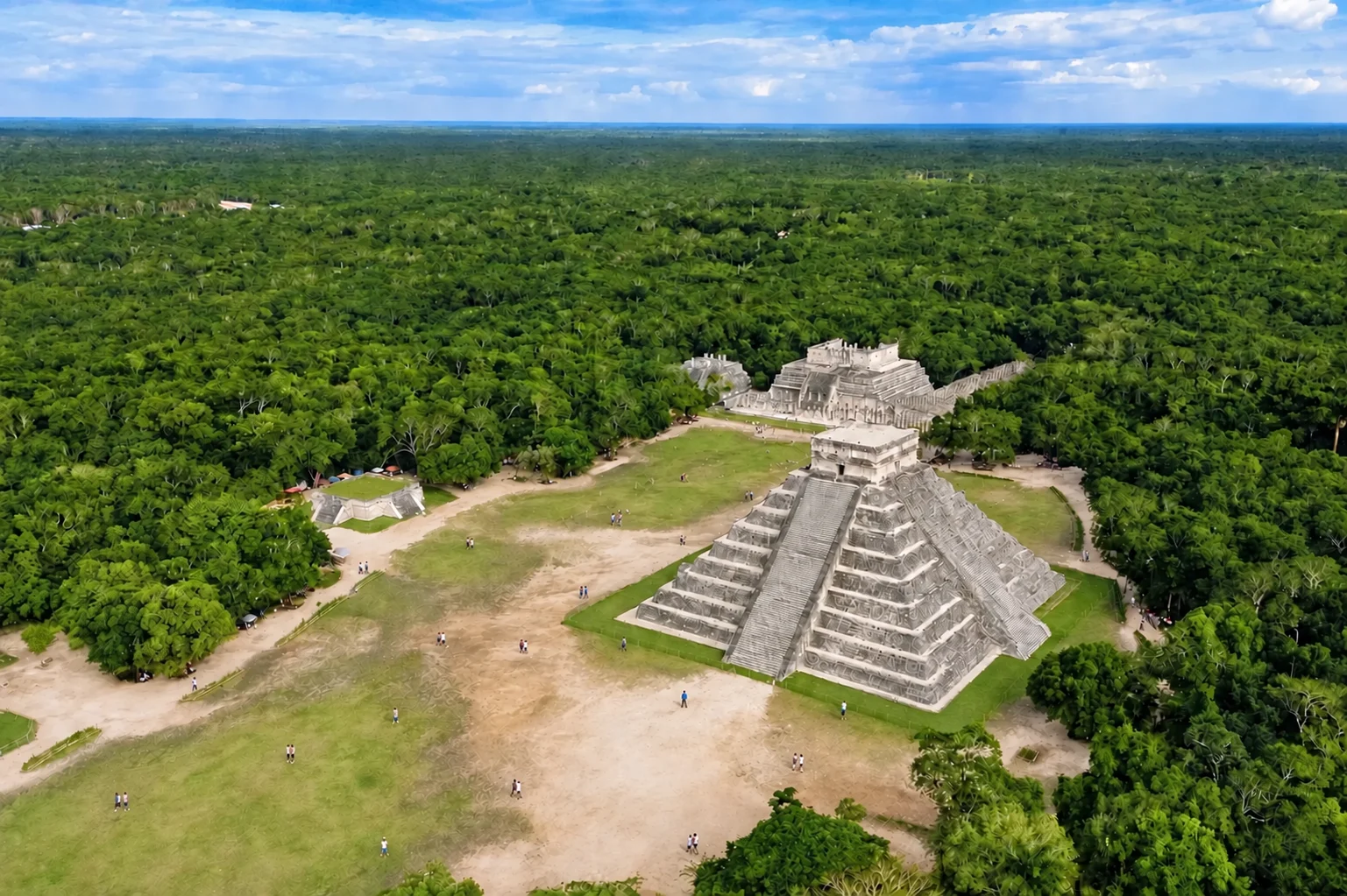 Aerial view of the complete El Castillo pyramid at Chichen Itza