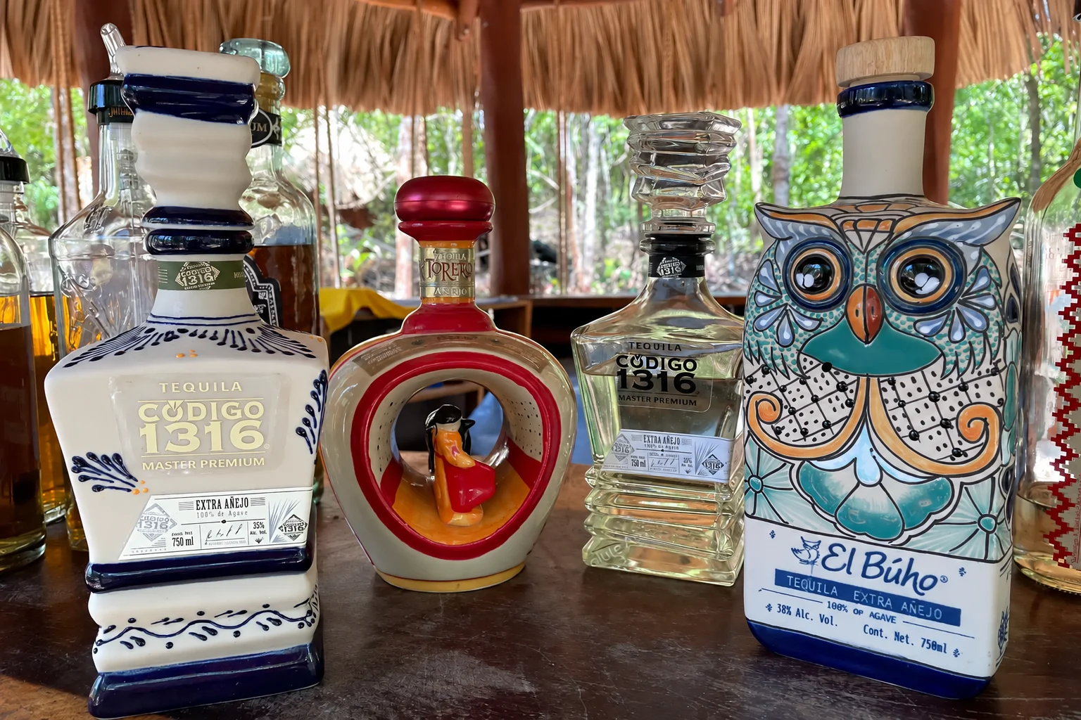 Tequila bottles at a private tasting in the Riviera Maya