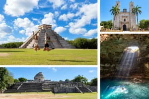 Chichen Itza ruins and a swimming cenote — photo collage