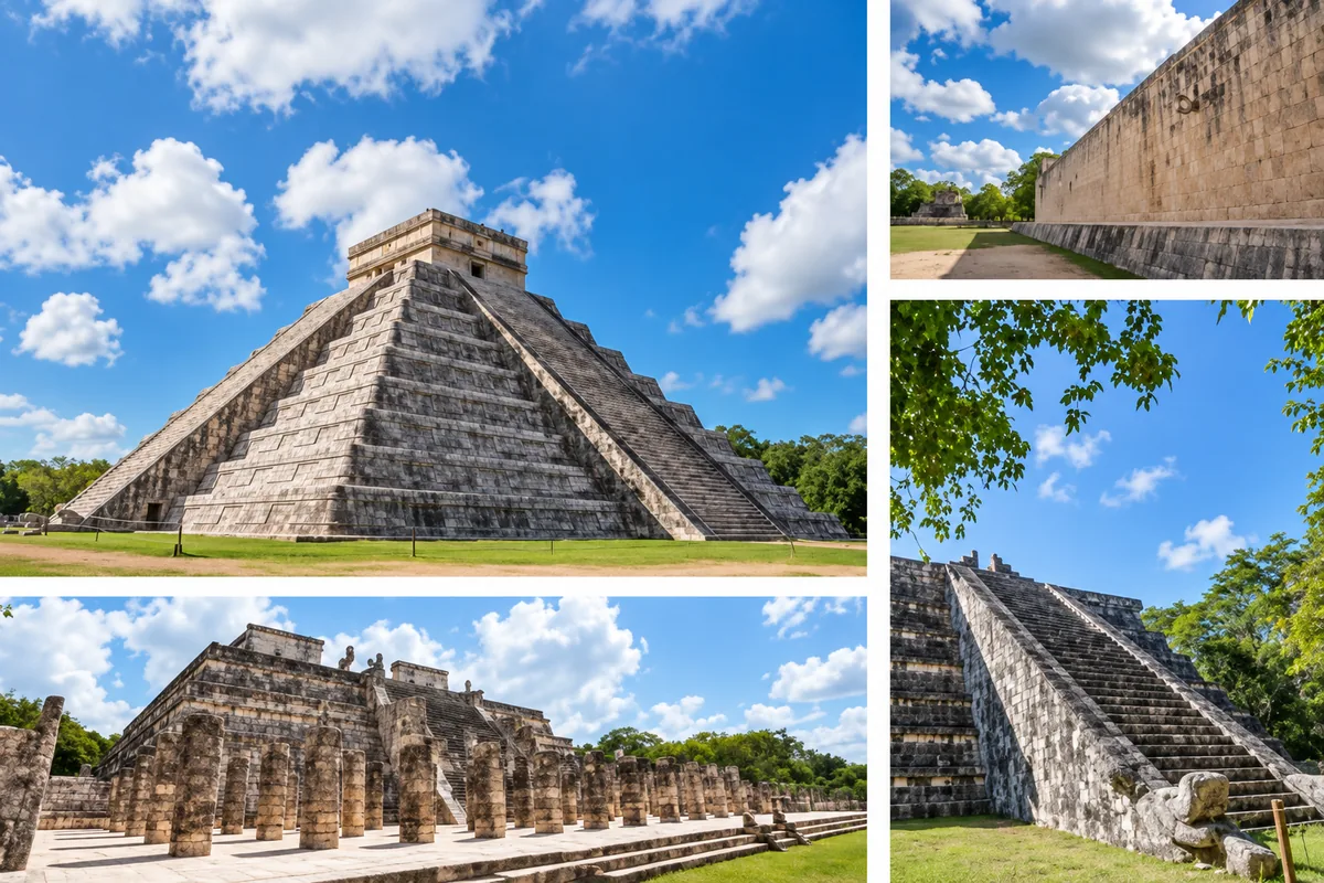 Chichen Itza pyramids and archaeological ruins — photo collage