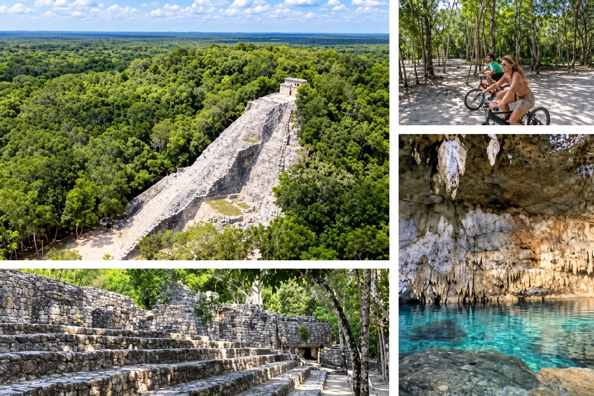 Coba ruins and a swimming cenote — photo collage