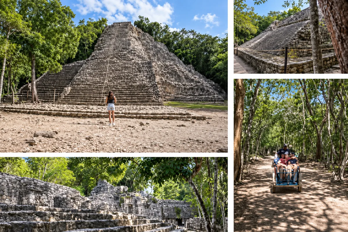 Coba pyramids, archaeological ruins and jungle paths — photo collage