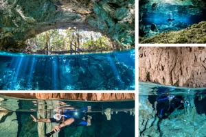 Snorkeling in the clear waters of Dos Ojos cenote — photo collage