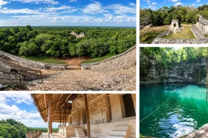 Ek Balam ruins and a swimming cenote — photo collage
