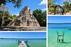 Muyil ruins, Kaan Luum lagoon and a cenote — photo collage