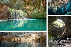 Cave formations and clear water at Pet Cemetery cenote — photo collage
