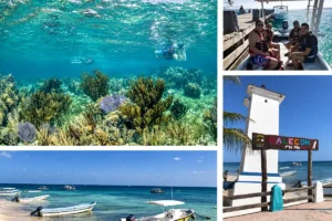 Puerto Morelos reef, boats and waterfront — photo collage