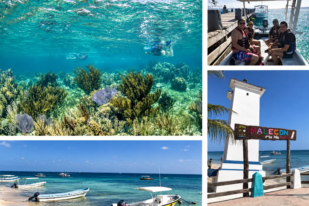Puerto Morelos reef, boats and waterfront — photo collage