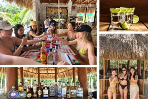 Tequila tasting with guests in a jungle restaurant — photo collage