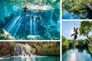 Swimming and snorkeling in three cenotes — photo collage