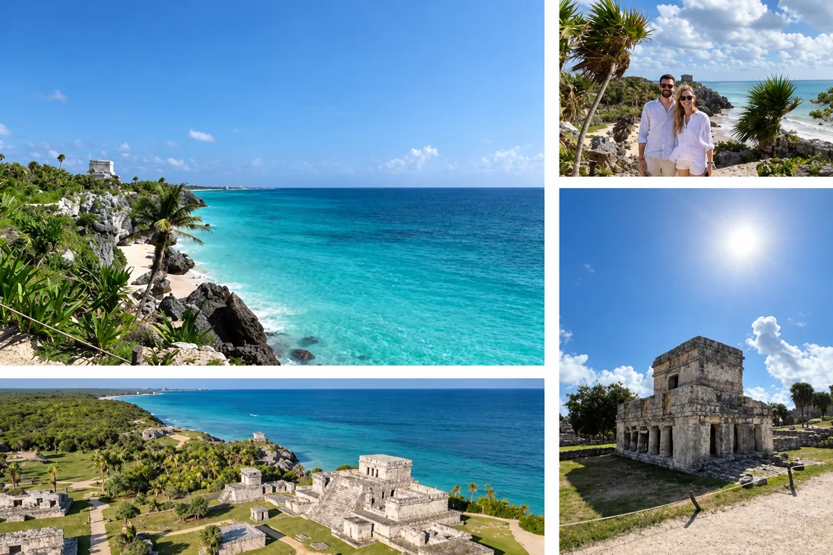 Tulum coastal ruins and visitors — photo collage