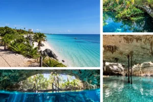 Tulum coastal ruins and a swimming cenote — photo collage