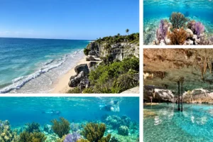 Tulum coastal ruins, reef and cenote snorkeling — photo collage