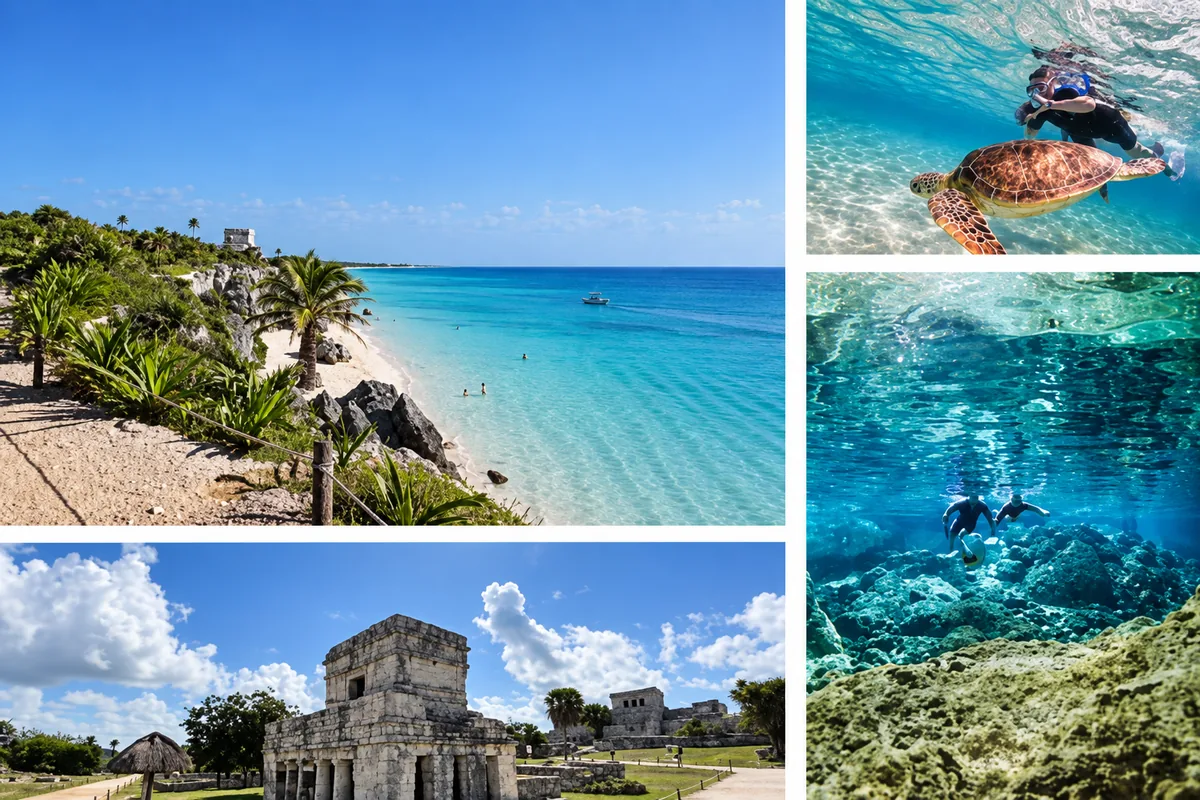 Tulum ruins, cenote swimming and sea turtles — photo collage
