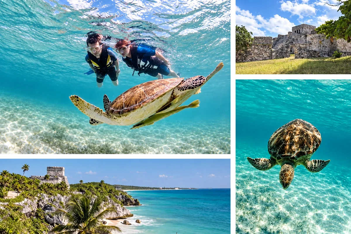 Tulum coastal ruins and snorkeling with sea turtles — photo collage