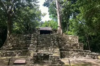 Small protected
temple at Muyil ruins