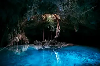 Room with tree growing through ceiling at
  Cenote Sac Actun