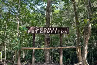 Wooden sign for
  Cenote Pet Cemetery entrance