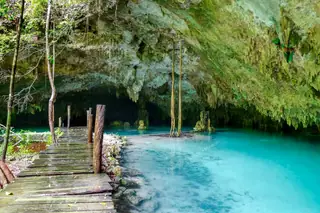 Wooden path along
  the river at Cenote Sac Actun