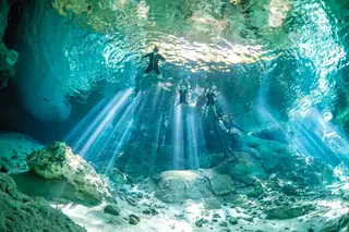 Cenote private tour
  with four snorkelers and light beams at Dos Ojos