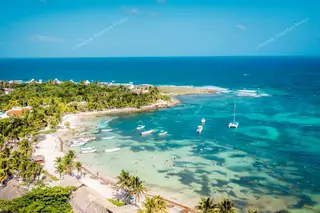 Akumal Bay view
  from sky with turquoise water