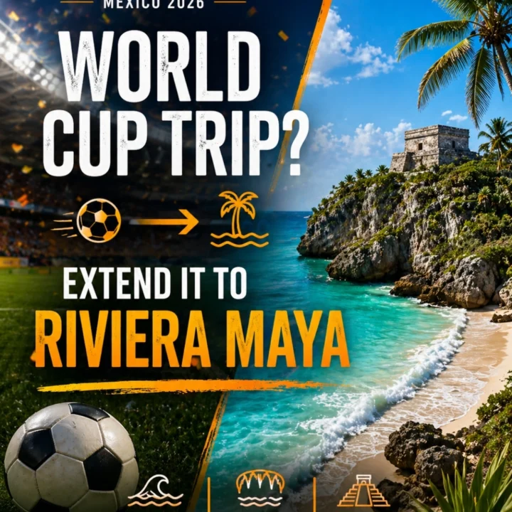 ⚽ From stadiums… to Caribbean beaches 🌴 If you’re coming to Mexico for the FIFA World Cup 2026, don’t miss what’s just a short flight away 👇 🏛 Mayan ruins 💧 Cenotes 🌊 Turquoise wat…