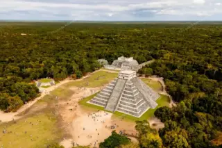 Drone view of
  Chichen Itza main pyramid