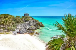 Tulum ruins beach
  with Temple of the Wind and ocean