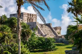 Close-up of main
  temple at Tulum ruins