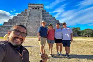 Guide selfie with
  guests at Chichen Itza early morning from Tulum