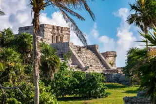 Close-up of El
  Castillo temple Tulum ruins